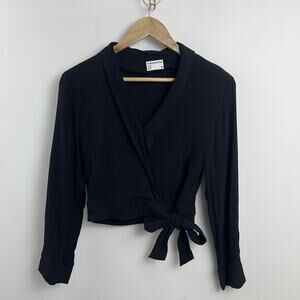 Frank And Oak Women Wrap Cropped Black 3/4 Sleeve Blouse Size Small